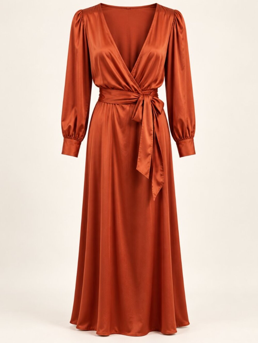Fashion Nova Rust Satin Wrap Maxi Dress